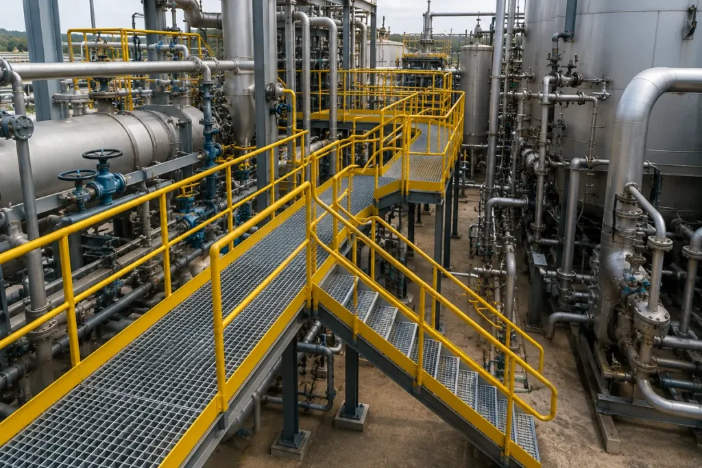 Industrial access system with GRP walkways and staircases designed around existing process plant and pipework